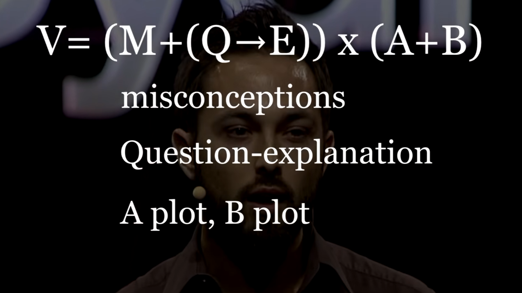 Summary frame listing misconceptions question-explanation and A plot B plot beneath the source video formula